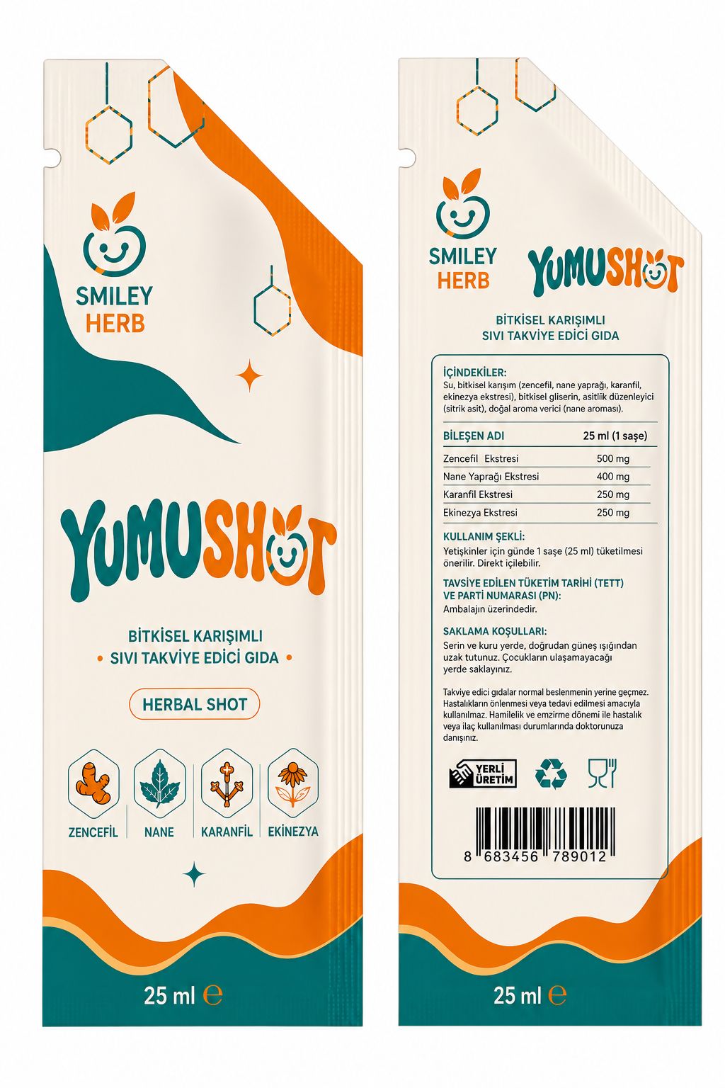 Yumushot 25 ml saşe — ön ve arka yüz